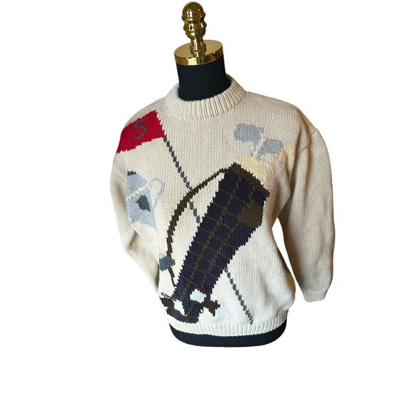 Vintage Babe Didrikson Golf Motif Sweater Cream 100% Cotton Size Large - Picture 1 of 4